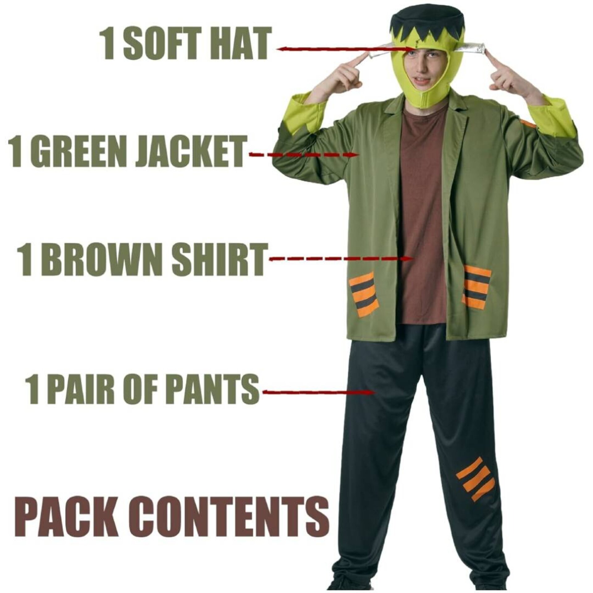 Disfraz Frankenstein Hombre Kit Monstruo Verde Chaqueta Camisa Pantalón Gorro - 7