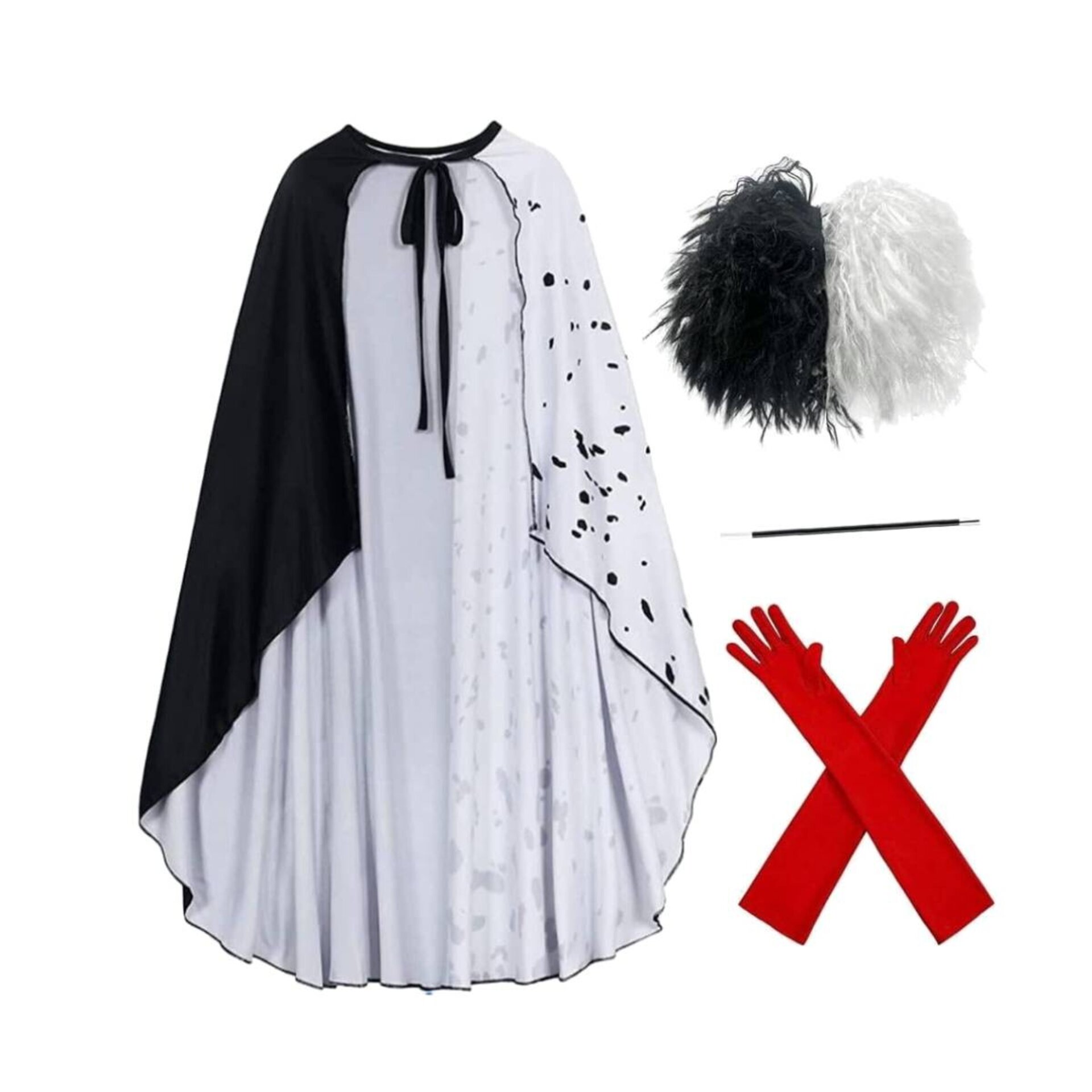 Cruella de vil Disfraz Capa con Peluca Guantes y Cigarro Varita para Mujer - 2