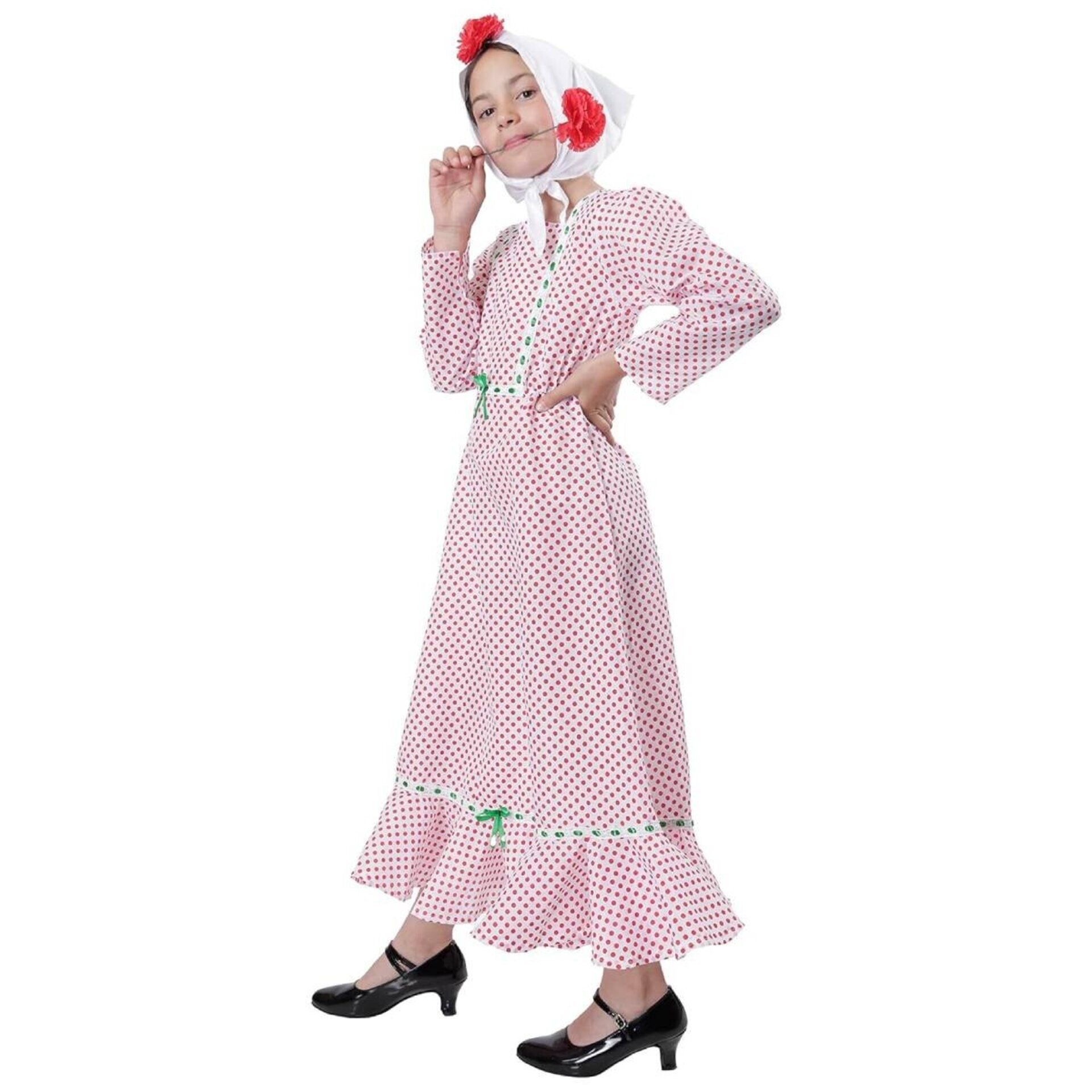 Vestido Chulapa Disfraz Madrileña con Pañuelo, Flor roja San Isidro para niñas - 1