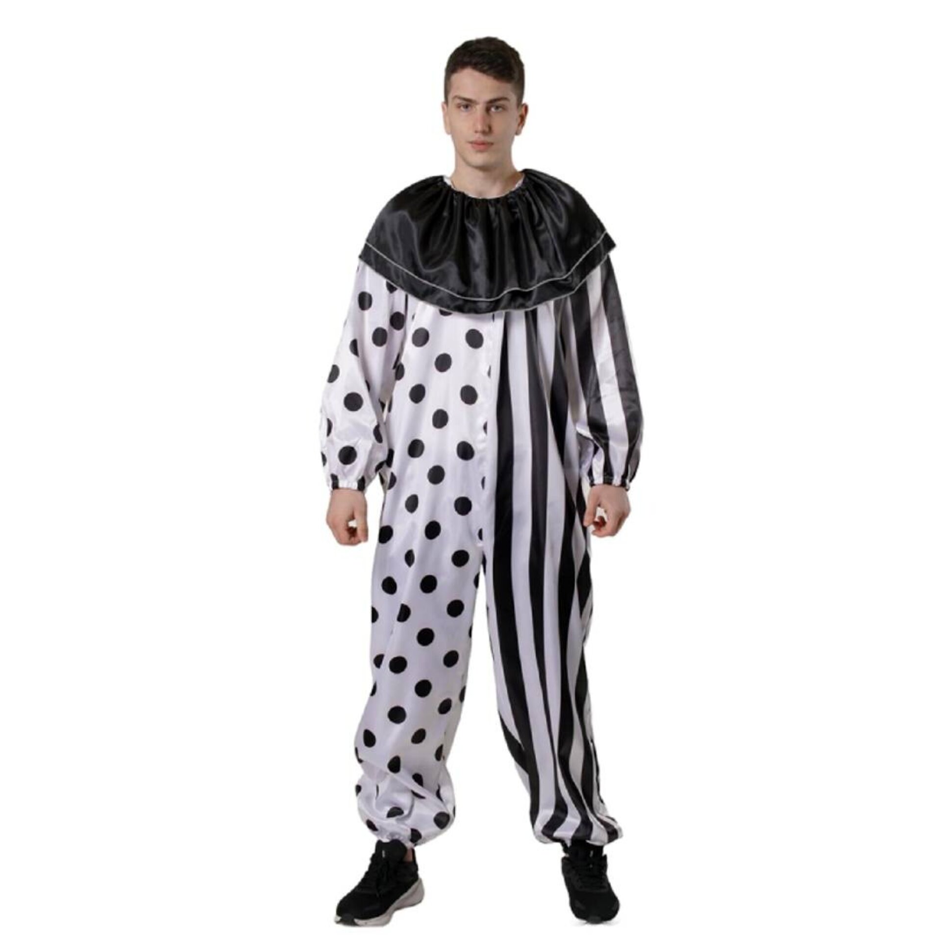 Disfraz Payaso Terror Hombre Mono Enterizo Diseño rayas lunares Blanco y Negro - 1