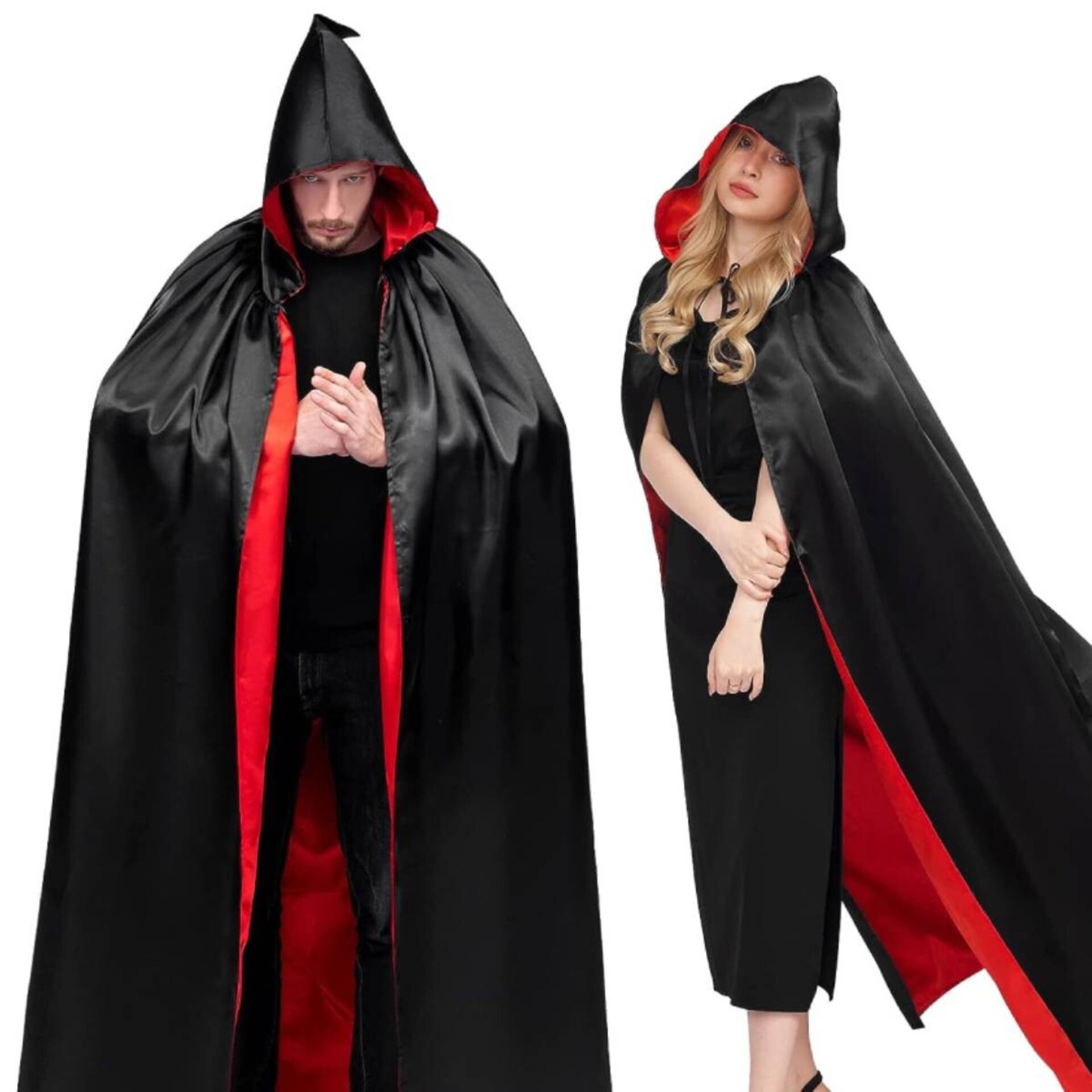 Capa Medieval con capucha Reversible doble cara en Negro y Rojo para disfraz - 4