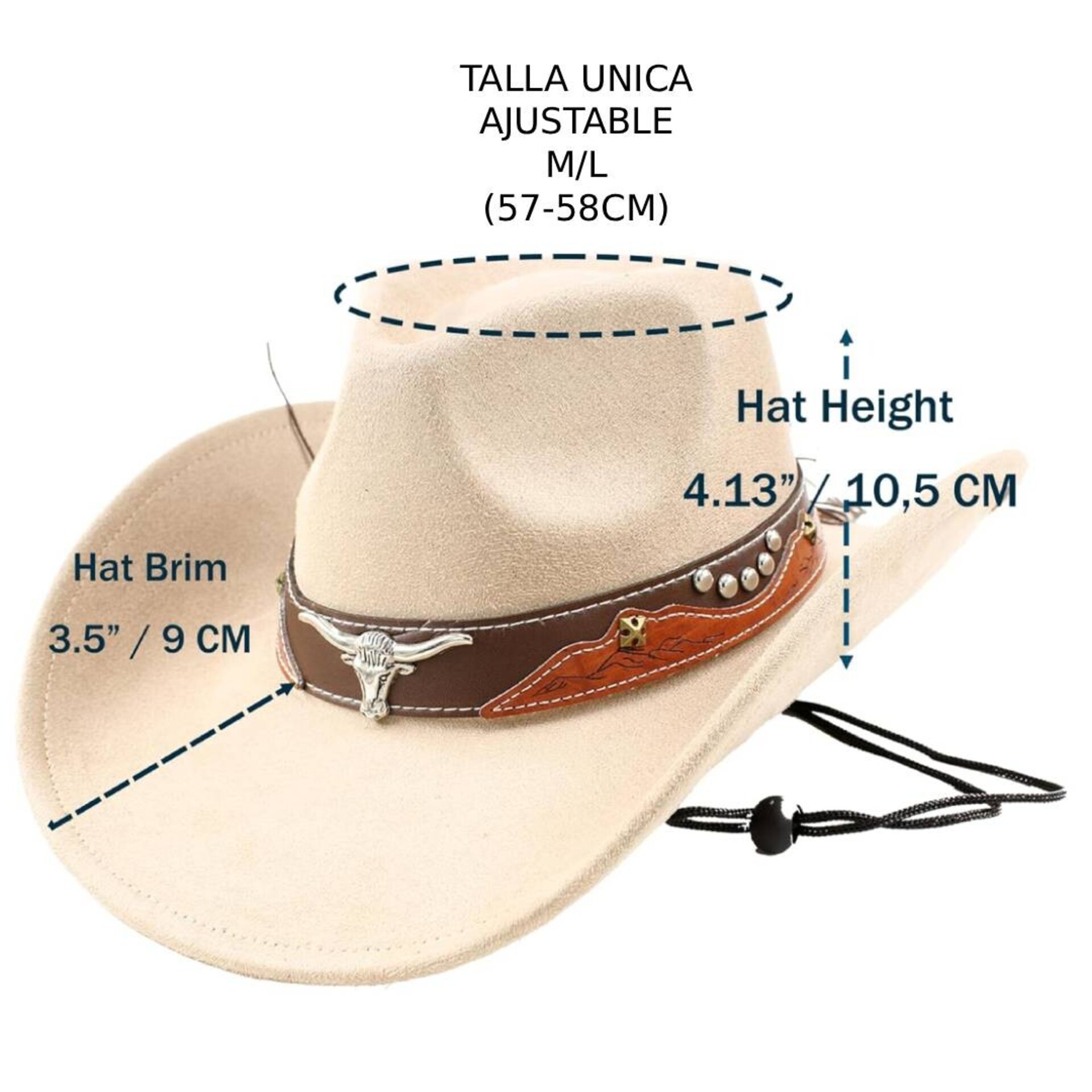 Sombrero Vaquero Fieltro Western Cowboy Crema bailé Country Adulto Ajustable M/L - 3