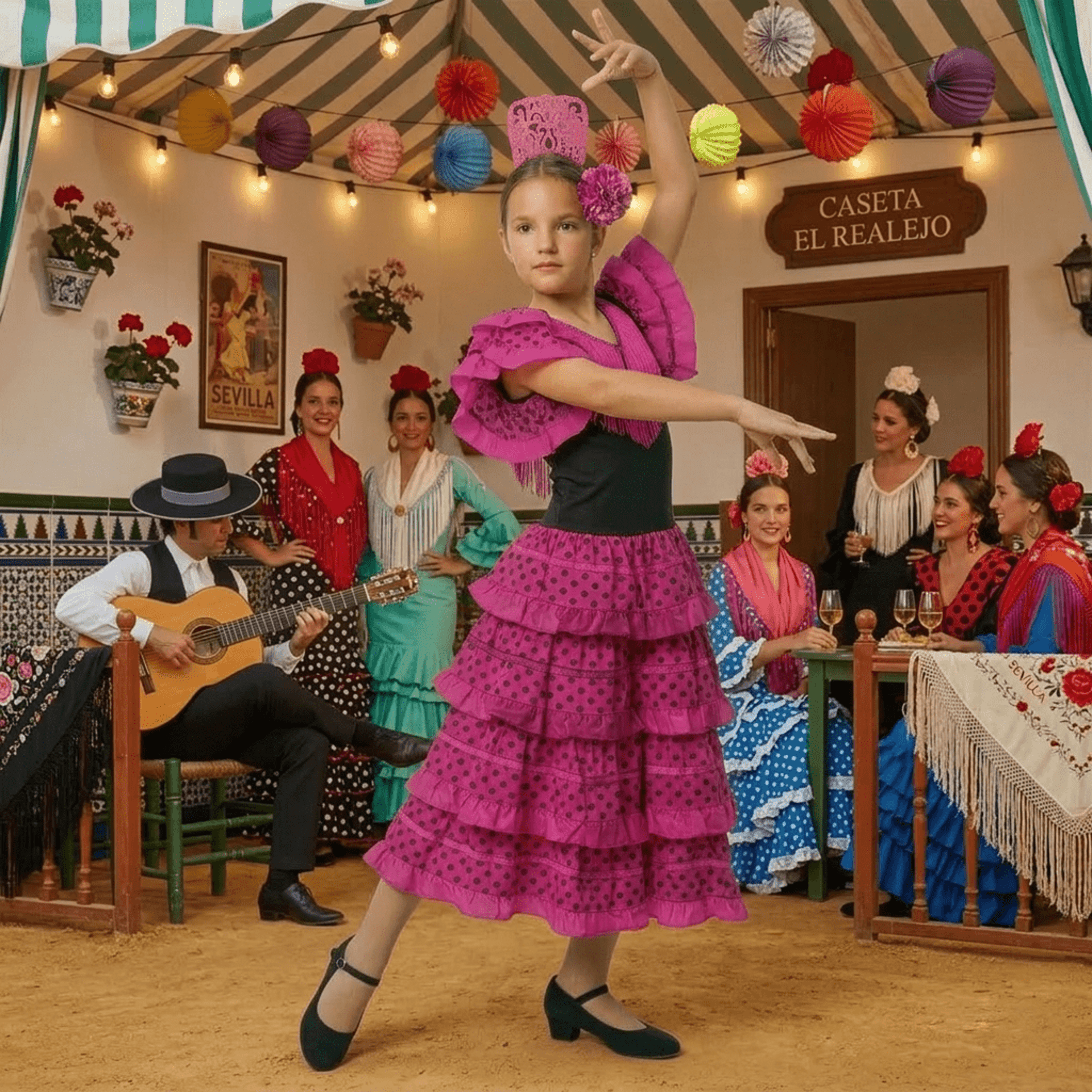 Vestido Flamenca Niña Fucsia y Negro - Traje de Sevillana con Flor y Peineta - 2