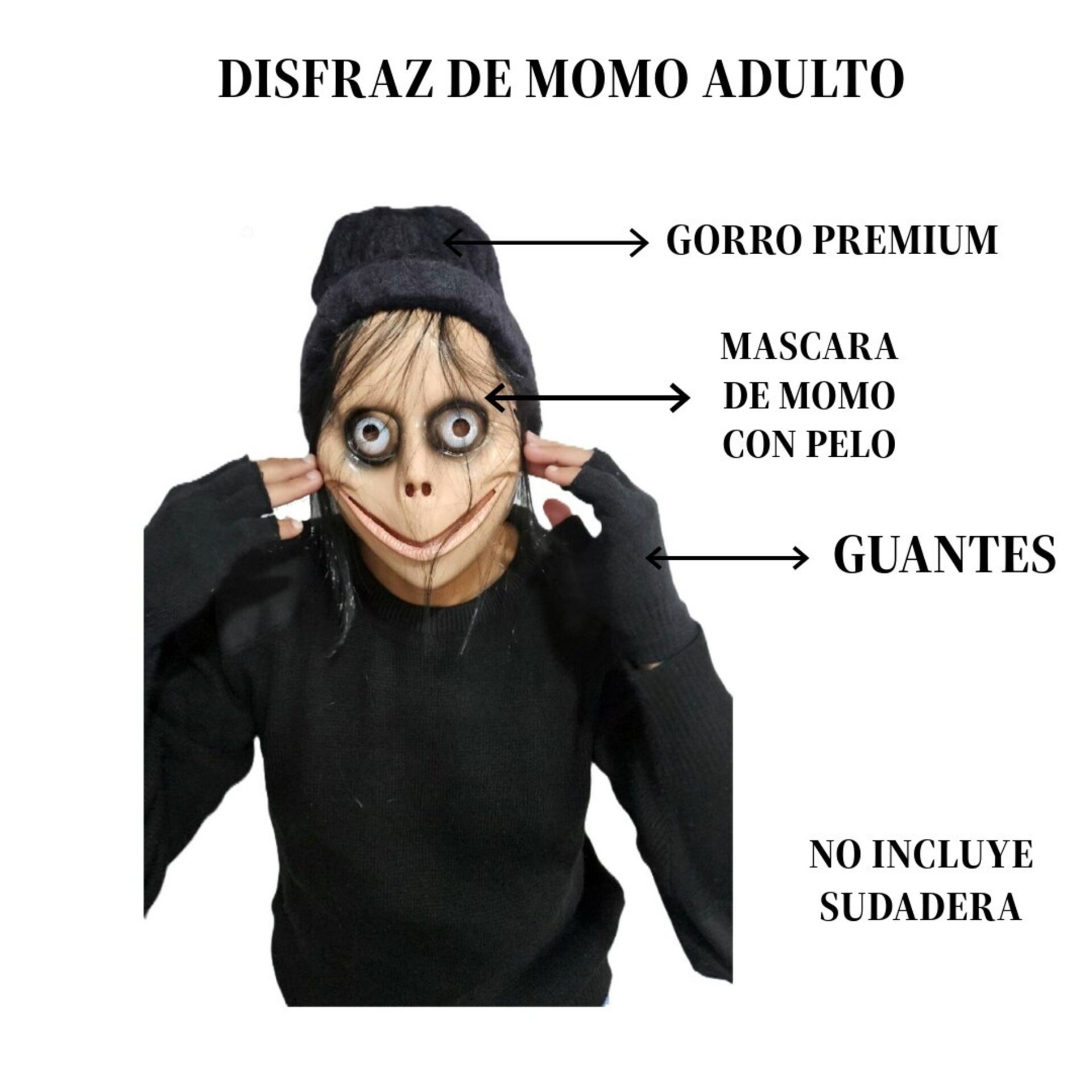 Máscara de Momo con pelo Guantes, Gorro Negro para Adulto - 13