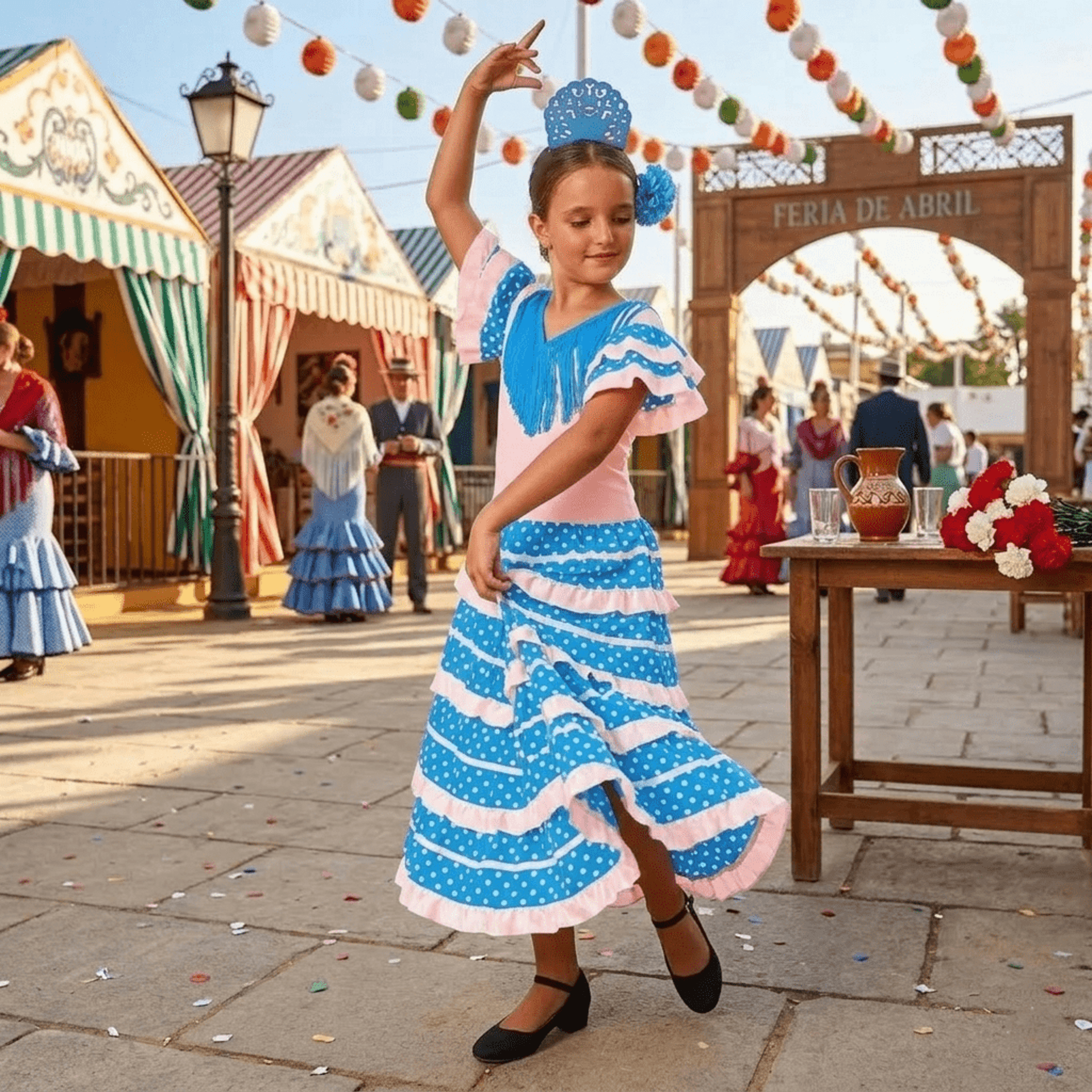 Traje de Flamenca Niña Azul y Blanco con Lunares | Vestido de Sevillana Infantil - 4