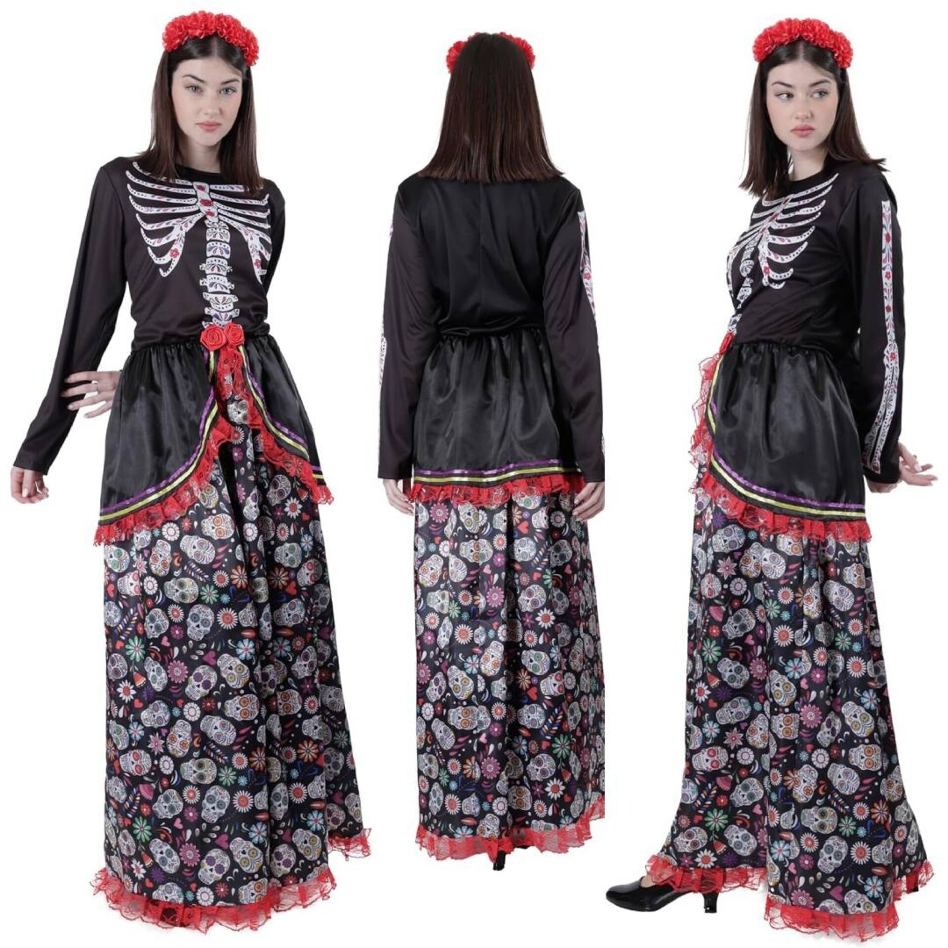 Disfraz de Catrina para Mujer Adulto - Vestido Largo Calaveras y Diadema de Flor - 2