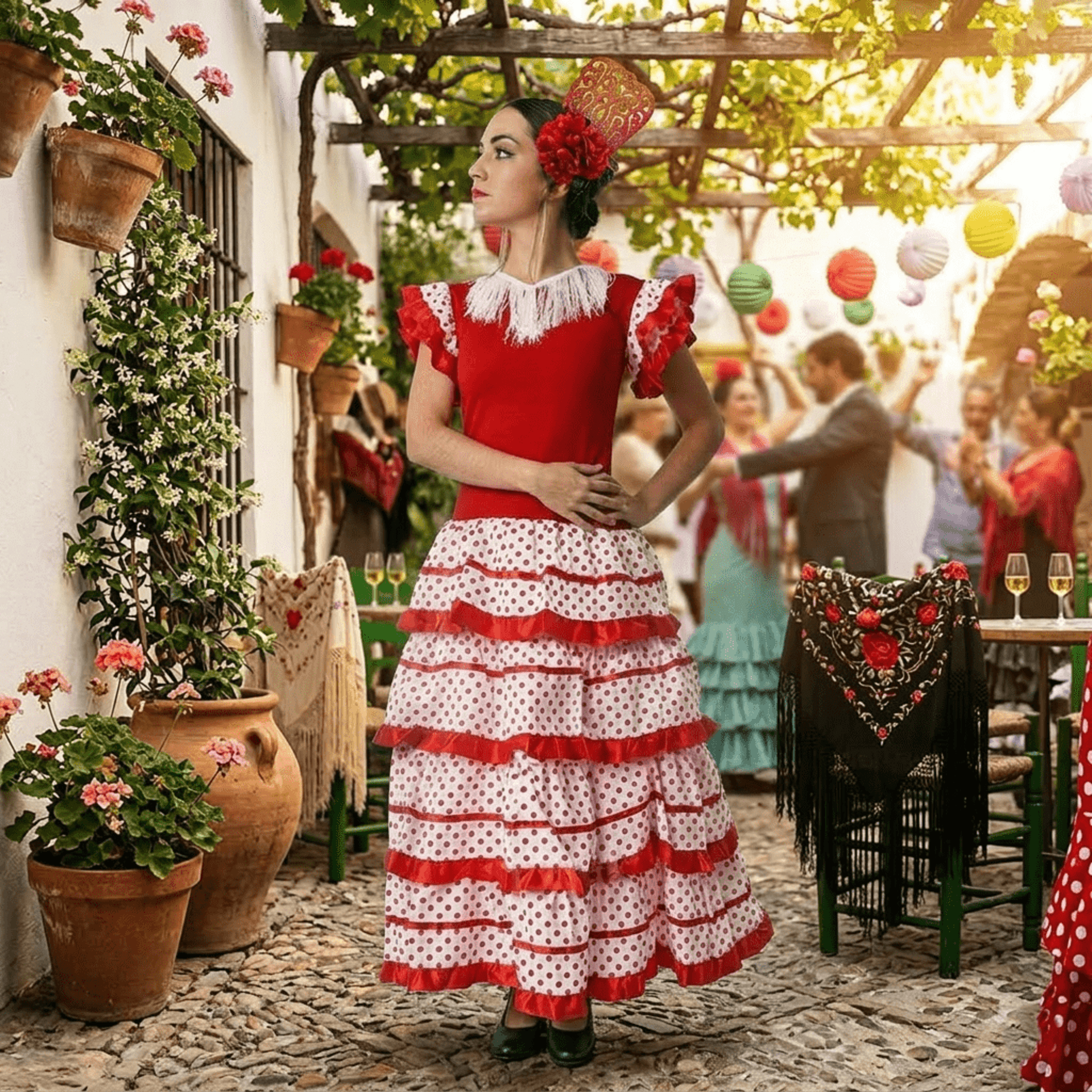Vestido de Flamenca Mujer Traje Sevillana Rojo y Lunares con Flor y Peineta - 2