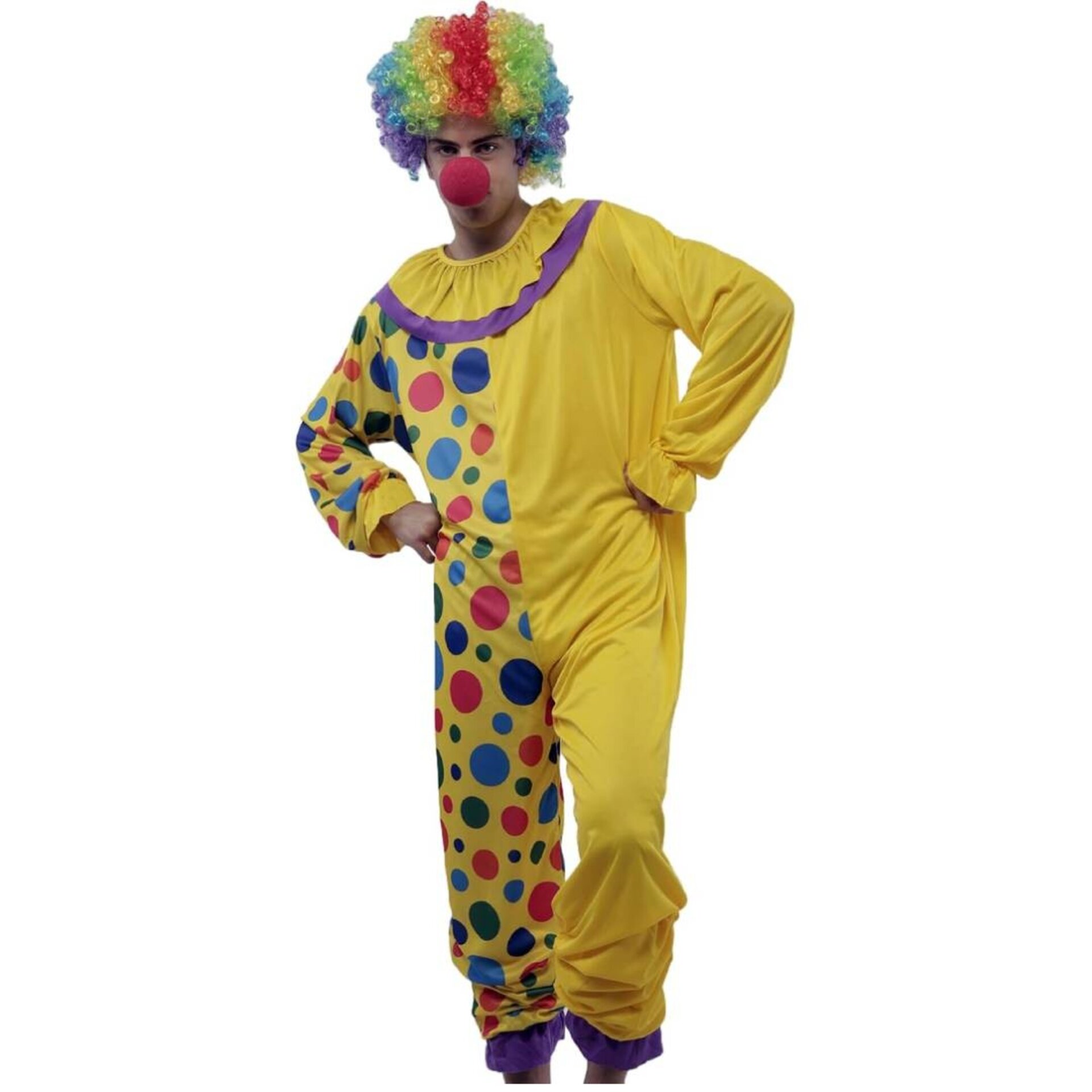 Disfraz Payaso de Circo Hombre Adulto Mono Enterizo con Lunares Peluca Nariz - 1